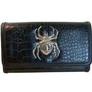 Killstar Black Widow Wallet Croc-Embossed Clutch with Silver Spider Accent